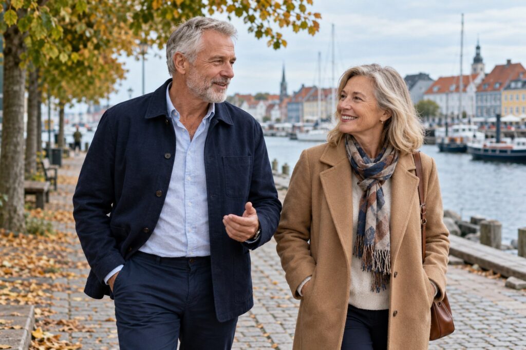 Moden mand og kvinde taler sammen på en gåtur langs havnen